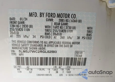 2024 Lincoln Aviator Reserve z USA, uszkodzony, nr VIN 5LM5J7WC2RGL02593